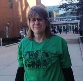 Sandy Kubillus wearing a Wild Things Conference t-shirt